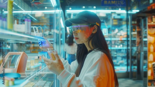 Woman in yellow using virtual reality goggles to interact with product display in a cosmetic store