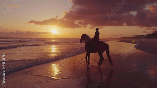 Equestrian rider galloping on a sandy beach at sunset, casting reflections on the water