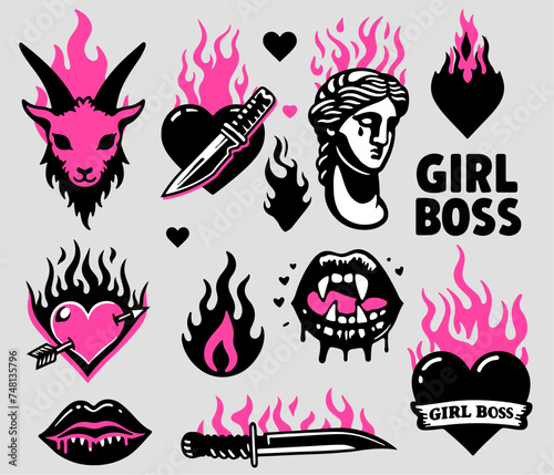 Trendy gothic stickers with hearts, knives, a ram head and a sculpture. Set of vector illustrations in Y2K tattoo style in black and pink colors.