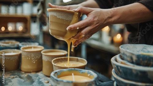 Artisan Candlemaker Pouring Melted Wax Creating Handcrafted Candles in Workshop