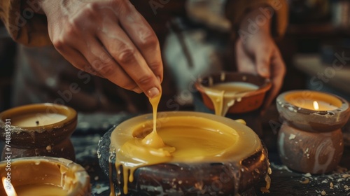 Artisan Candlemaker Pouring Melted Wax Creating Handcrafted Candles in Workshop