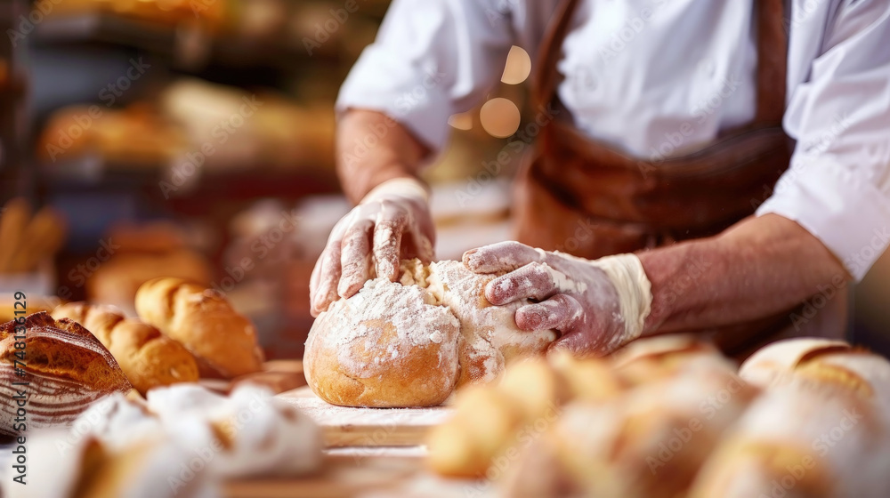 A baker is skillfully creating a pastry in the bustling environment of a bakery, surrounded by ingredients, tools, and other baked goods