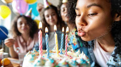 A young girl enthusiastically blows out candles on a colorful birthday cake surrounded by friends and family, celebrating a special occasion photo