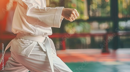 A man dressed in a white karate outfit is executing a high kick in this action-packed scene
