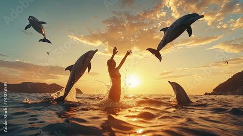 Several dolphins are leaping out of the water in unison, showcasing their agility and grace in a stunning display of aquatic acrobatics © sommersby