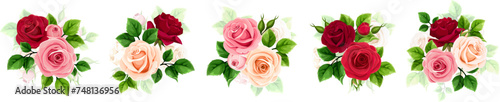 Roses. Red, pink, and white rose flowers and green leaves isolated on a white background. Set of vector floral design elements