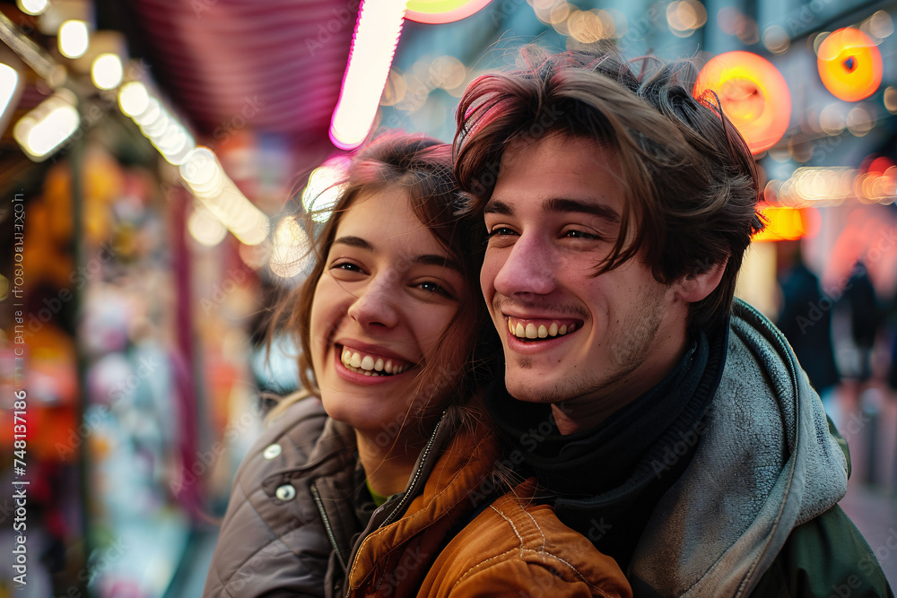 Couple having fun in the city, taking a selfie for a honeymoon souvenir.