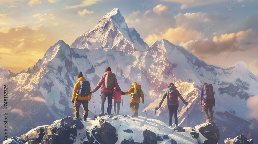 Against the backdrop of a majestic mountain range, a team of trekkers extends helping hands to one another, embodying the essence of teamwork, collaboration, and achievement in both climbing and busin - obrazy, fototapety, plakaty 