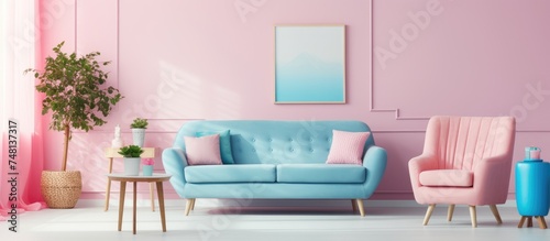 The living room is furnished with a combination of pink and blue furniture  creating a vibrant and contemporary aesthetic. A pink sofa and blue armchairs are the main focal points 