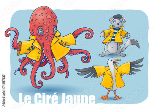 Animaux bretons en ciré jaune (poulpe, hermine et goéland)