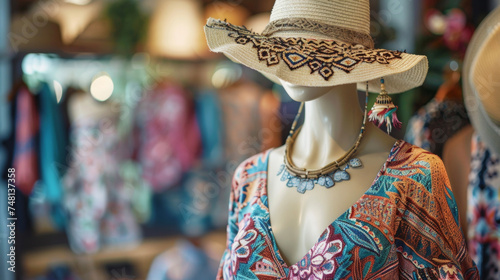 A mannequin dressed in a flowy floral maxi dress straw hat and sandals radiating a bohemian vibe with intricate details and patterns.