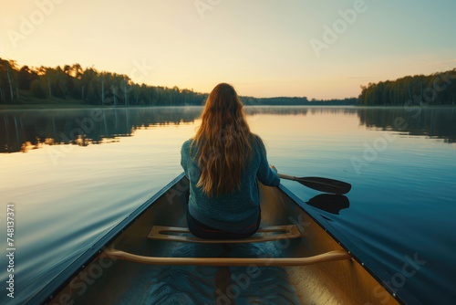 Rear view of woman sitting in a canoe in the middle of a large calm natural lake