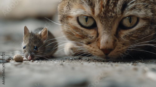 The intense gaze of a miniature cat locked onto its target a mouse photo