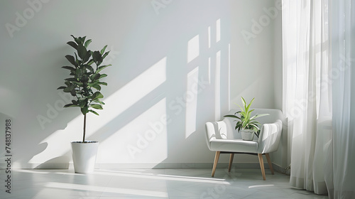 White Room With Chair and Potted Plant