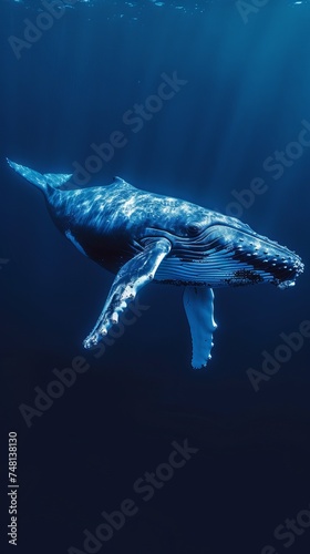 Minimal neon style background of lonely blue whale. © Sina
