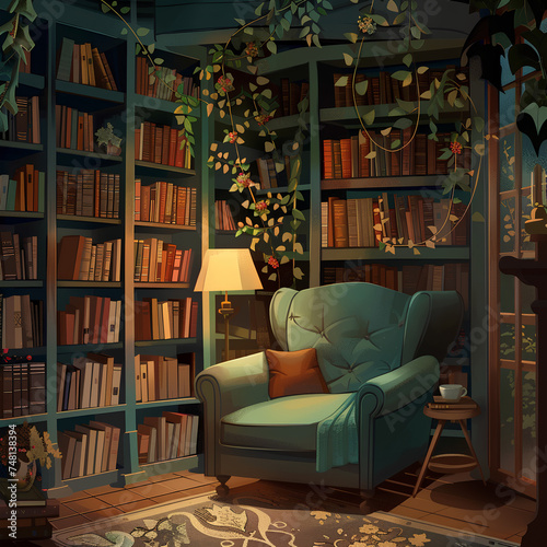 Cozy living room interior with sofa and bookshelves © Ubix