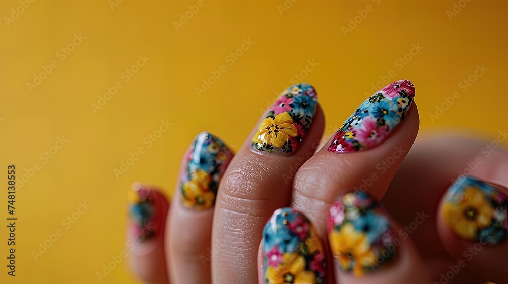 Female hand with manicure adorned by vibrant multicolored flowers, beauty on yellow background