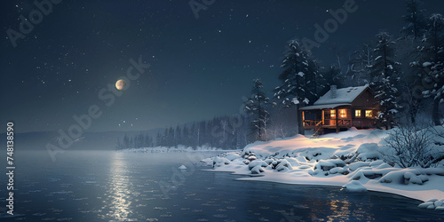 Moonlight Wallpaper Winter Cabin Scenery Hd Backgrounds 