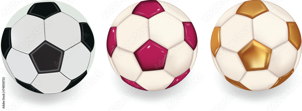 Soccer ball. 3 Footballs Set realistic 3d design style. Leather texture golden and white black color. Soccer ball. 3 Footballs Set realistic 3d design style. Leather texture golden and white black color.