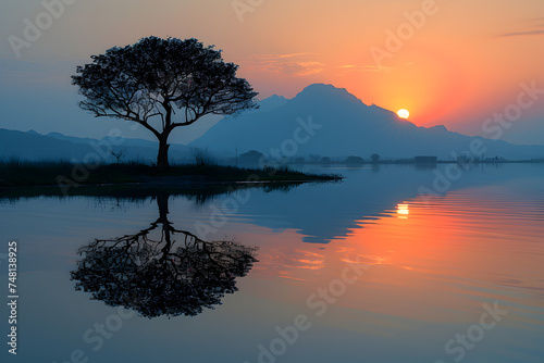 A serene lake at sunset with a lone tree and distant mountains.