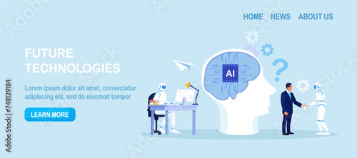 Businessman collaborates with smart AI brain. Business automation. AI robot performance. Robotic assistance. Human and artificial intelligence work together, machine assists or supports the work