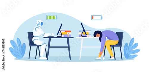 Robot vs human. High productivity artificial intelligence working at computer and tired employee at workplace. Business automation. AI robot work efficiency. Automation or robotic assistance