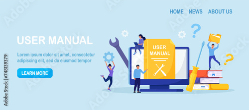 User manual. Customer find answers online in internet. Business person reading user guide or textbook on monitor. Q and A. FAQ and instructions