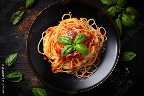 spaghetti with tomato sauce and basil