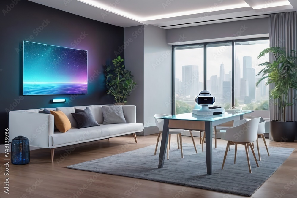 Fototapeta premium people wearing vr headset to design with hand from empty room to built furniture show in blue hologram argument reality. system show smart future innovation concept,hologram concept.ai generated