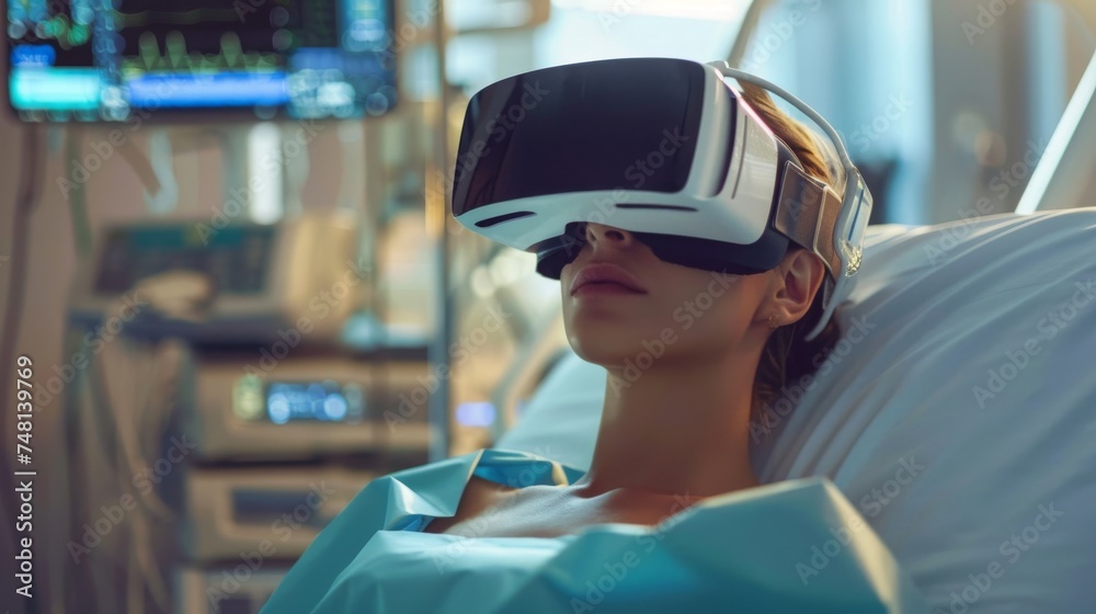 A female patient reclines in a hospital bed, engaging with a virtual reality headset, with medical monitoring equipment in the background. A female patient reclines in a hospital bed, engaging with a virtual reality headset, with medical monitoring equipment in the background.
