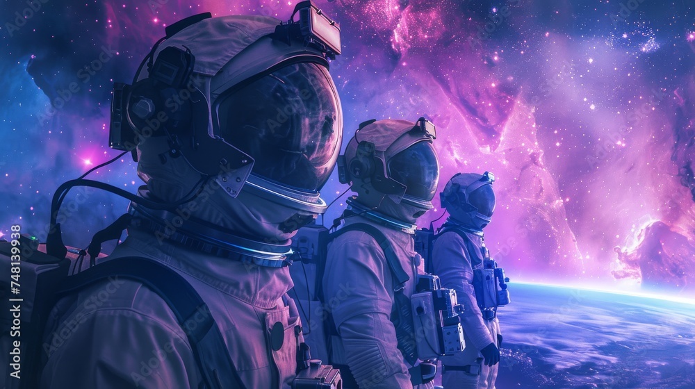 Three astronauts in space suits observe a stunning nebula, standing against the backdrop of Earth's curvature.