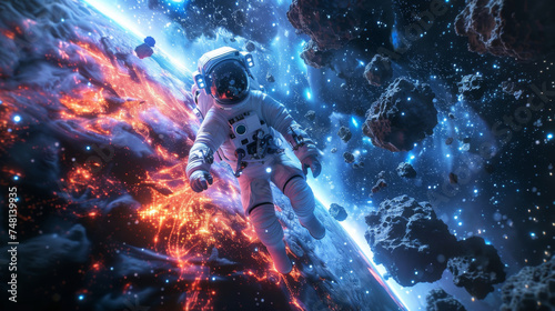 An astronaut hovers in zero...