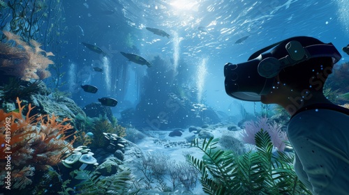 Individual with a VR headset is immersed in a virtual underwater seascape, surrounded by marine life and coral reefs.