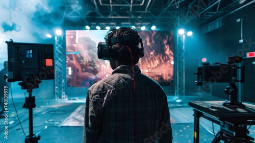A filmmaker on a production set, overlooking a scene through advanced virtual reality equipment to visualize the shot.
