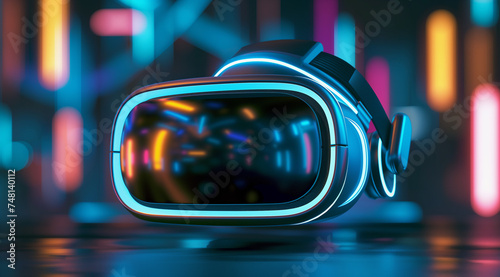 A virtual reality headset isolated on a dark background  blue with lights up, in the style of cyan and amber