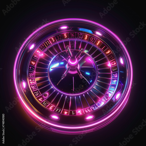 neon casino roulette wheel on high lighted black background, in the style of light purple and dark maroon