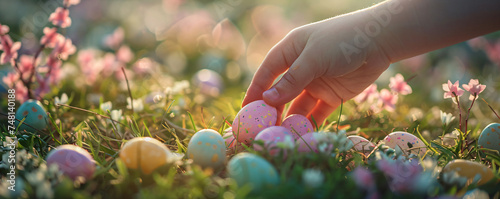 Kid on Easter egg hunt in spring sunny garden. Child play and searching colorful eggs in fresh green grass. Background for card, banner, flyer with copy space