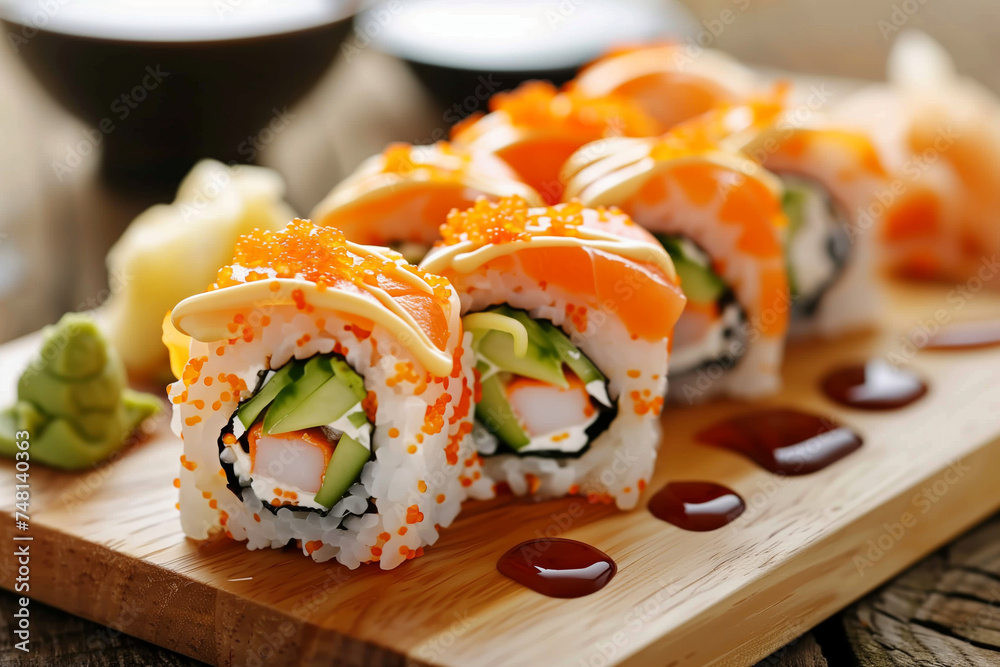 A variety of sushi rolls placed neatly on a wooden cutting board, accompanied by a small dish of soy sauce. A variety of sushi rolls placed neatly on a wooden cutting board, accompanied by a small dish of soy sauce.