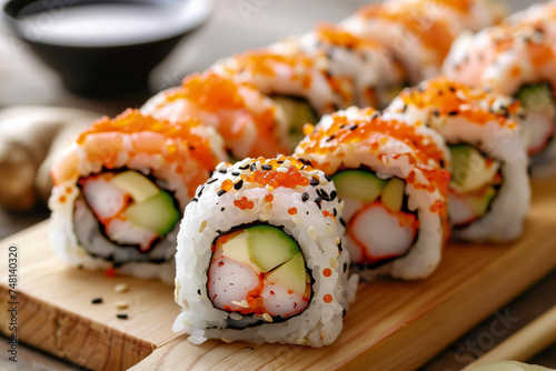A close-up view of freshly prepared sushi placed neatly on a wooden cutting board.