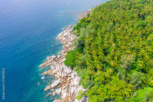 Aerial view resort. Jungle island tropical trees palm trees on the coast rocks stones and blue lagoon ocean bay