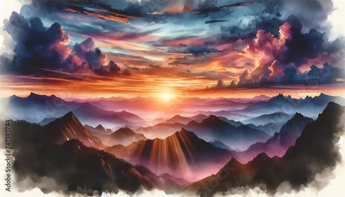 Landscape Watercolor of Majestic Sunset in the Mountains Landscap