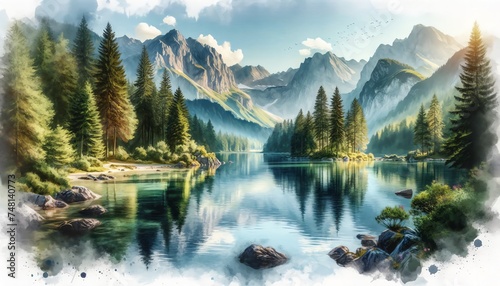 Landscape Watercolor of Peaceful Mountain Lake in a National Park