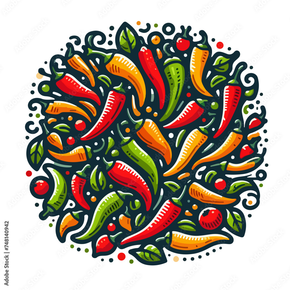 Hot chilli pepper vector set isolated Red, yellow and green.
