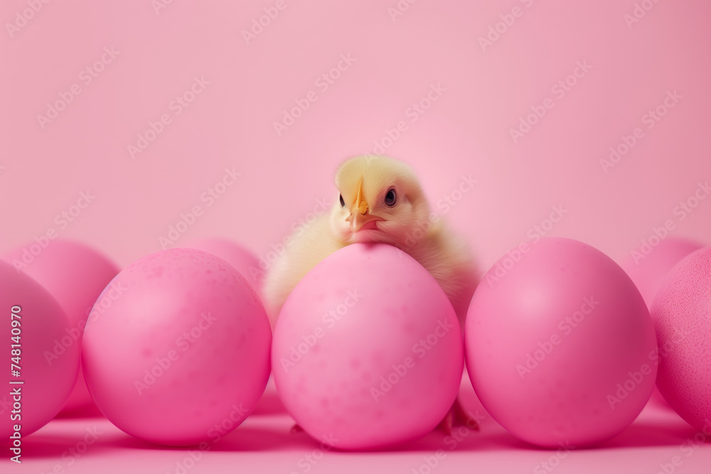A small chicken perched atop a stack of pink eggs. The chicken appears alert and curious, surrounded by the pastel-colored eggs. A small chicken perched atop a stack of pink eggs. The chicken appears alert and curious, surrounded by the pastel-colored eggs.