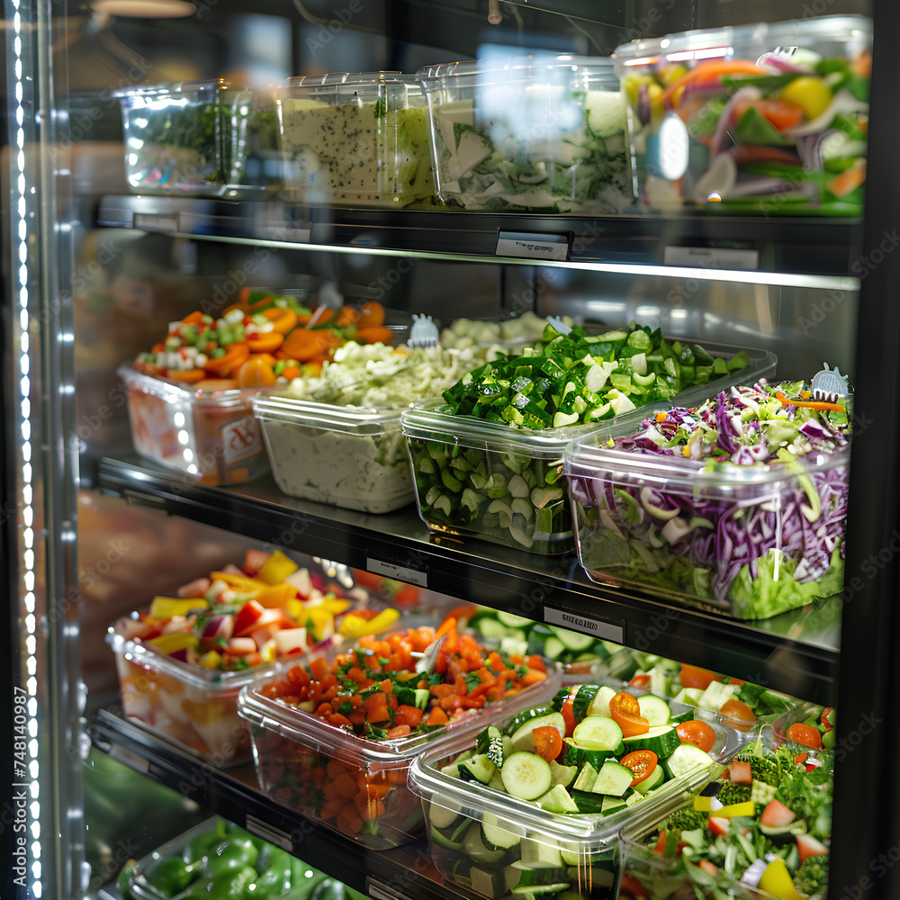 Fresh and healthy food items neatly arranged in a supermarket store with colorful fruits, vegetables, and snacks