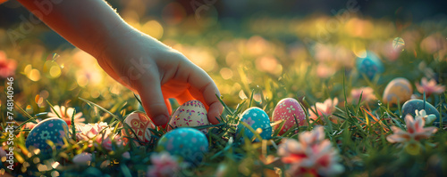 Kid on Easter egg hunt in spring sunny garden. Child play and searching colorful eggs in fresh green grass. Background for card, banner, flyer with copy space photo
