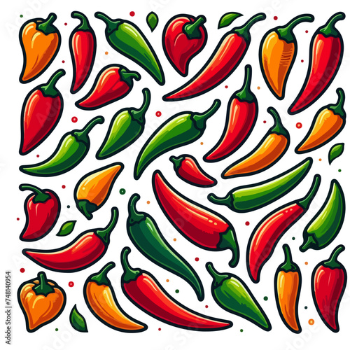 Hot chilli pepper vector set isolated Red, yellow and green.