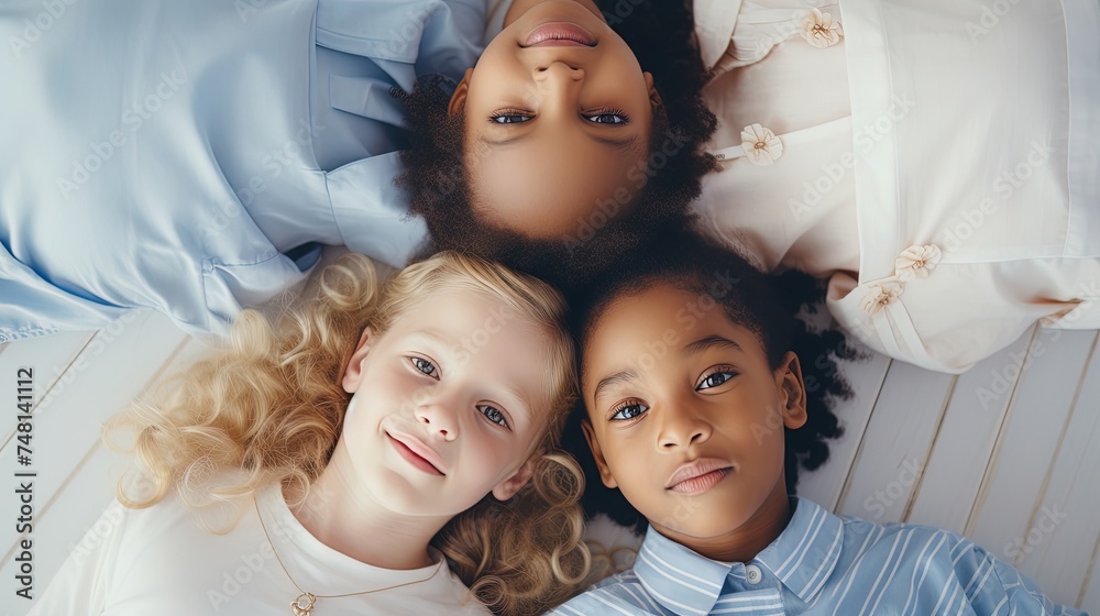 Diverse group of adorable children lying in a circle on the floor, smiling and creating a joyful, captured from above
