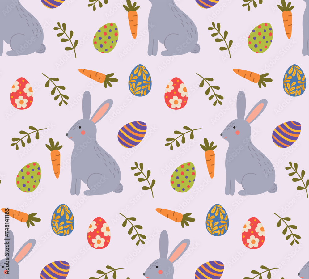 Seamless colorful pattern with a bunny, colored eggs and plants. Vector cartoon backdrop in flat style