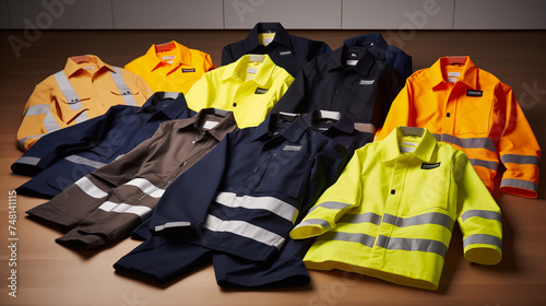 collection of workwear clothing. security wests and work jackets
 photo